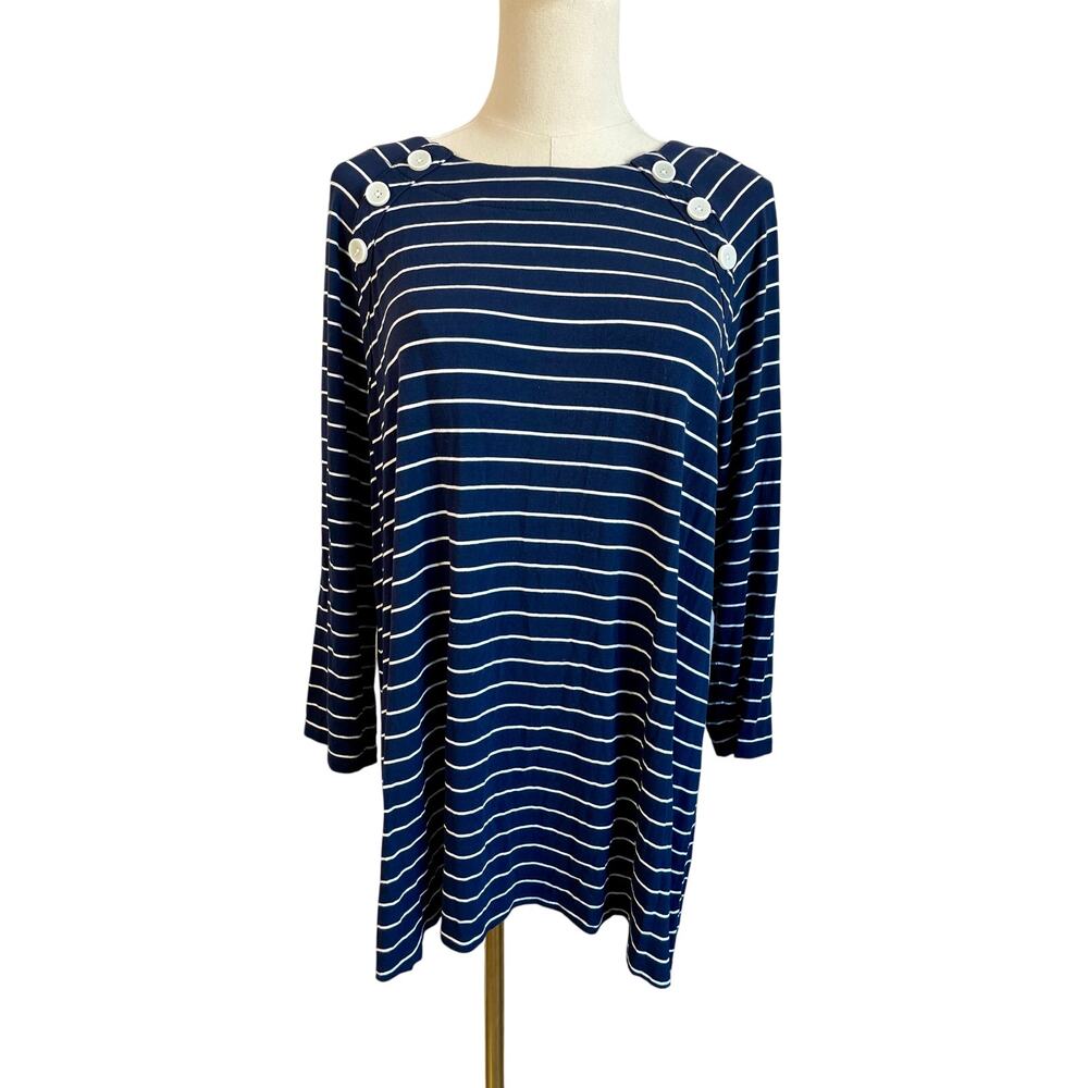 J.Jill Wearever Collection Navy White Stripe Preppy Mariner Knit Tunic Top L